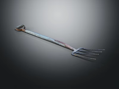 Vintage Metal Garden Tool With Long Handle And Three Pronged Tines 3d model