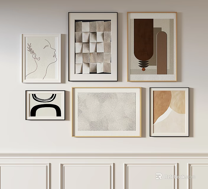 Modern Framed Wall Art Collection With Abstract Geometric And Line Patterns 3d model