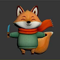 Cute Smiling Orange Fur Cartoon Fox Wearing Red Scarf And Green Sweater Holding Knife