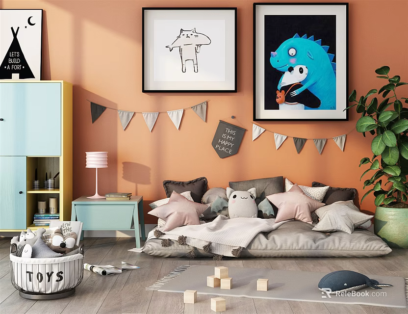 Cute Stuffed Dolls in Kids Room with Toys Basket Dinosaur Art Bunting Pillows and Blocks 3d model 