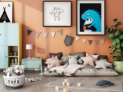 Cute Stuffed Dolls in Kids Room with Toys Basket Dinosaur Art Bunting Pillows and Blocks 3d model