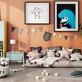 Cute Stuffed Dolls in Kids Room with Toys Basket Dinosaur Art Bunting Pillows and Blocks