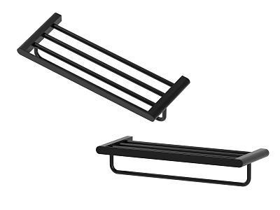 Black Metal Bathroom Rack With Multiple Towel Bars And Shelf Design 3d model