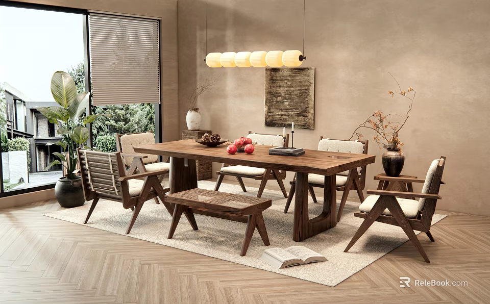 Cozy Wooden Dining Table Set With Chairs Bench Pendant Light Green Plants And Wooden Floor 3d model 