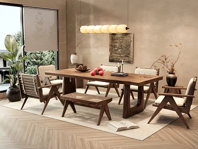 Cozy Wooden Dining Table Set With Chairs Bench Pendant Light Green Plants And Wooden Floor 3d model