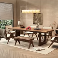 Cozy Wooden Dining Table Set With Chairs Bench Pendant Light Green Plants And Wooden Floor