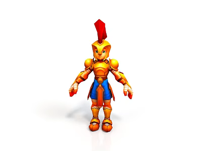 Cartoon Style 3D Character With Golden Armor Red Feathered Helmet Blue Skirt And Orange Gloves 3d model