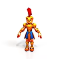 Cartoon Style 3D Character With Golden Armor Red Feathered Helmet Blue Skirt And Orange Gloves