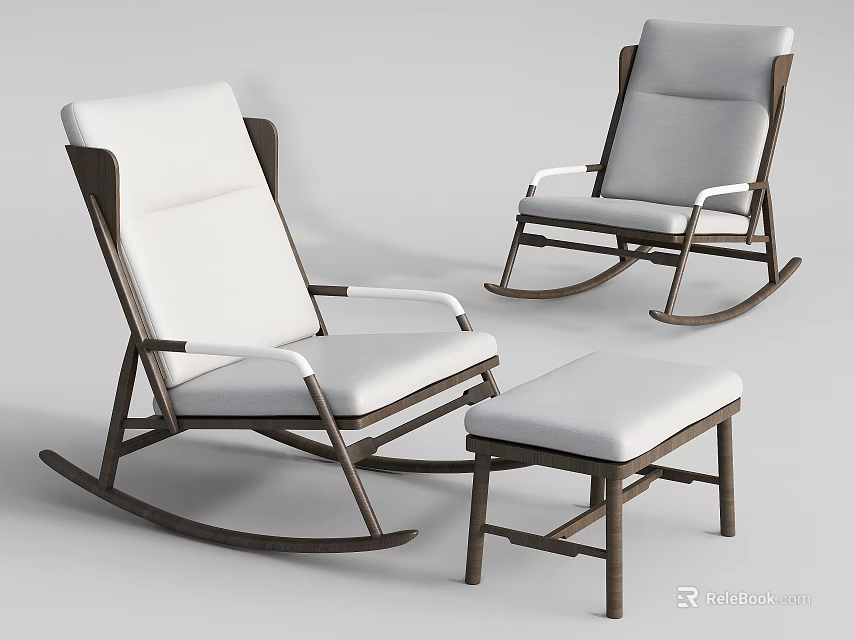 Modern Rocking Leisure Chairs With Wooden Frame White Cushions And Ottoman 3d model 