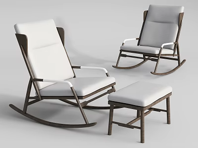 Modern Rocking Leisure Chairs With Wooden Frame White Cushions And Ottoman 3d model