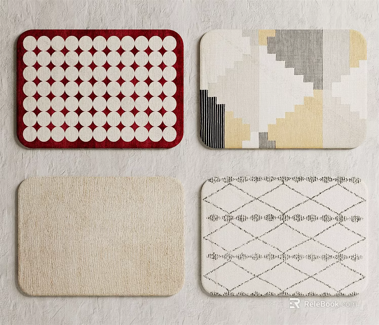 Square Rugs Displaying Various Patterns Including Polka Dots Geometric Designs And Solid Color Options 3d model