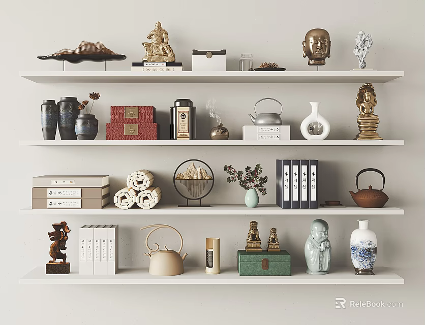 Decorative Ornament Set on White Shelves with Buddha Statues Teapots Vases and Books 3d model 