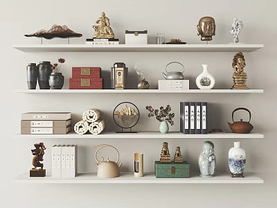 Decorative Ornament Set on White Shelves with Buddha Statues Teapots Vases and Books 3d model