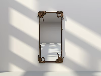Decorative Wall Mounted Mirror with Brass Frame on White Wall and Light Shadow Effects 3d model