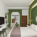 Modern Hotel Room Interior With Green Walls White Bed Round Mirror And Lighting
