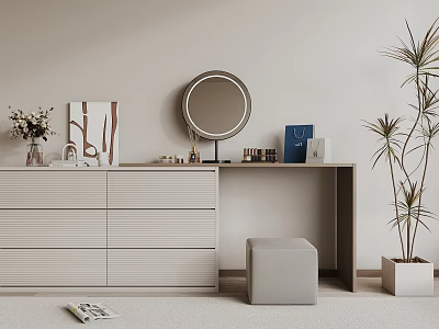 Modern Dressing Table Interior Design With Round Mirror Drawers Stool And Decorative Plants 3d model
