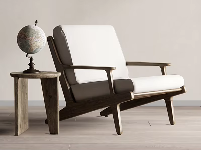 Modern Wooden Leisure Chair With White Cushion And Side Table Globe In Living Room Interior 3d model