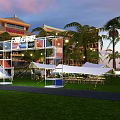 Garden Landscape With Sunset Palm Trees Tents String Lights And Bunting Flags On Grass Lawn