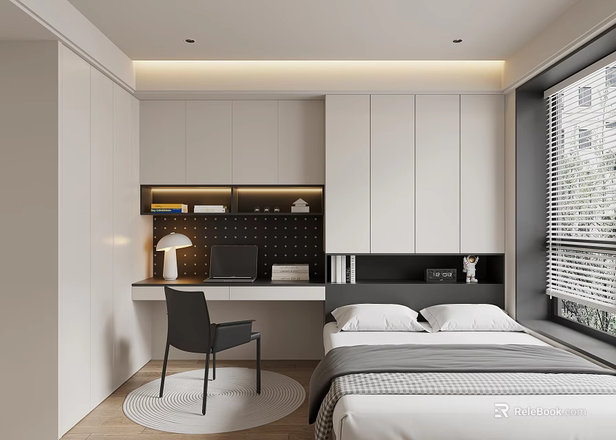 Modern Tatami Bedroom Interior Design With Bed Desk Cabinets And Integrated Lighting 3d model 