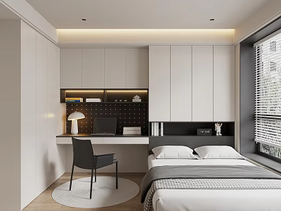 Modern Tatami Bedroom Interior Design With Bed Desk Cabinets And Integrated Lighting 3d model