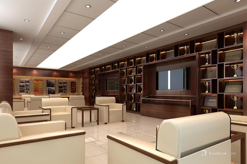 Modern Conference Room Interior With Wooden Bookshelves Leather Sofas And Large Screen TV 3d model 