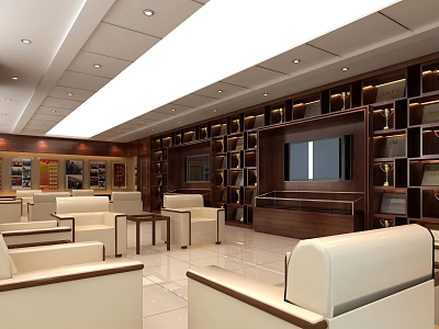 Modern Conference Room Interior With Wooden Bookshelves Leather Sofas And Large Screen TV 3d model