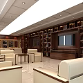 Modern Conference Room Interior With Wooden Bookshelves Leather Sofas And Large Screen TV