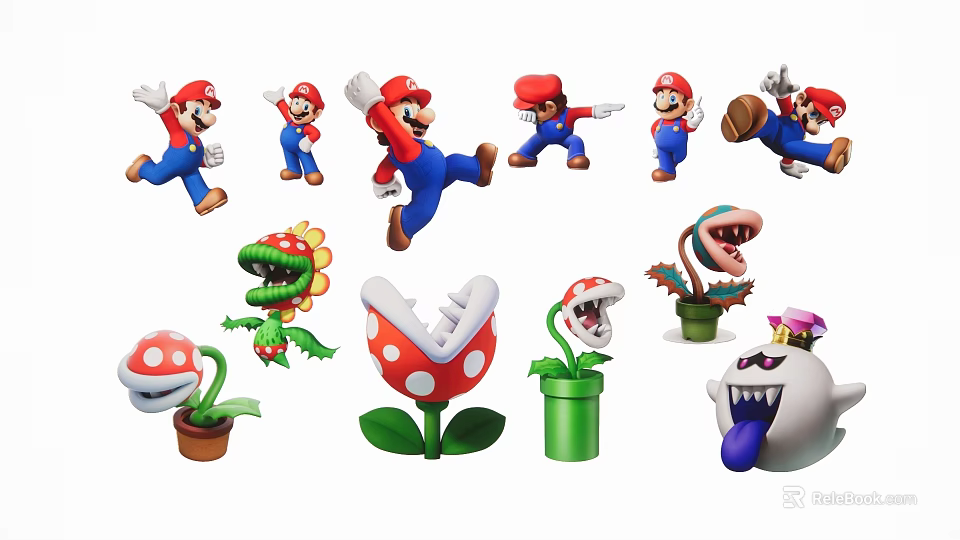 Mario Character Figurine Ornaments Featuring Various Poses Mushroom And Green Plant Shapes 3d model 