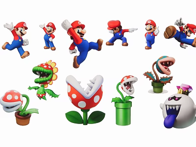 Mario Character Figurine Ornaments Featuring Various Poses Mushroom And Green Plant Shapes 3d model