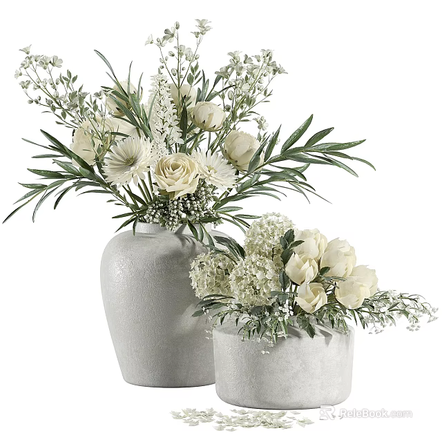 Two Gray Ceramic Vases With White Roses Daisies And Green Leaves Decorative Arrangement 3d model 