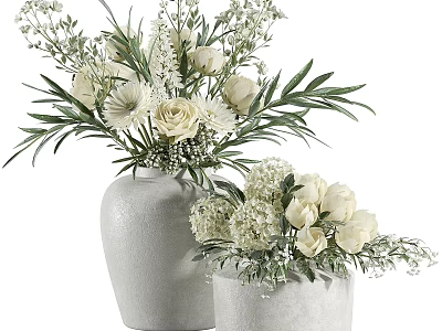 Two Gray Ceramic Vases With White Roses Daisies And Green Leaves Decorative Arrangement 3d model