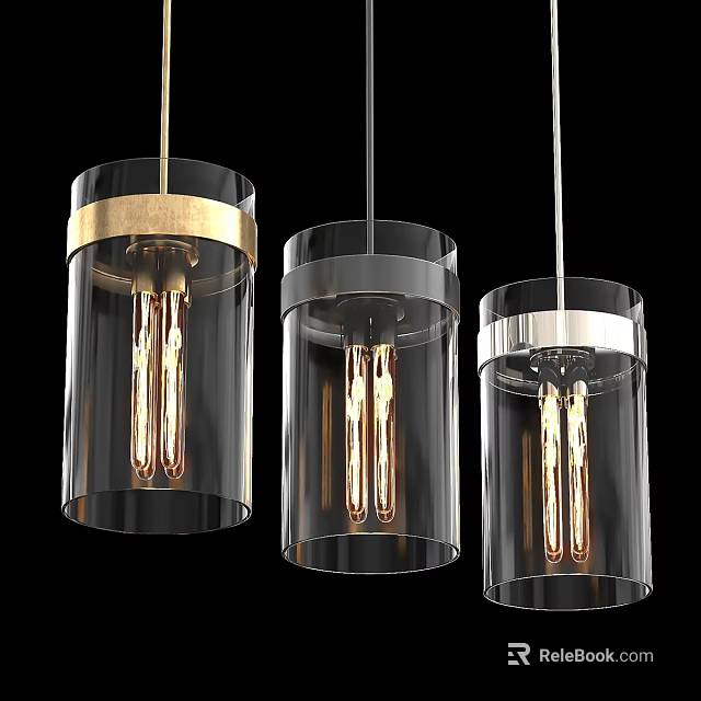 Three Modern Minimalist Pendant Lights With Transparent Glass Shades Metal Frames And Vintage Bulbs 3d model 