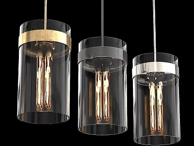 Three Modern Minimalist Pendant Lights With Transparent Glass Shades Metal Frames And Vintage Bulbs 3d model