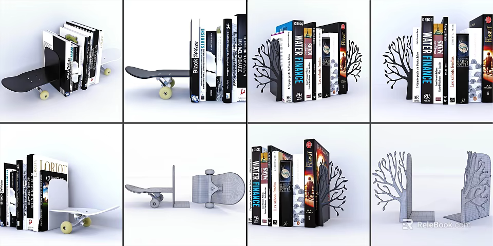 Creative Stacked Books Display With Skateboard And Tree Shape Decorations 3d model 