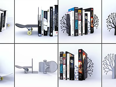 Creative Stacked Books Display With Skateboard And Tree Shape Decorations 3d model