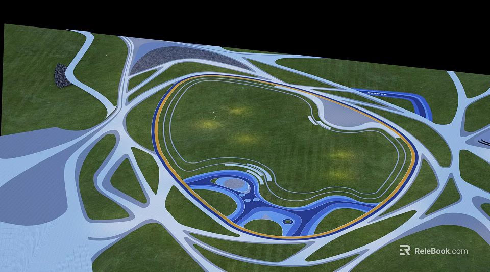 Scenic Park Landscape Featuring Large Green Lawn Curved Paths And Blue Water 3d model 