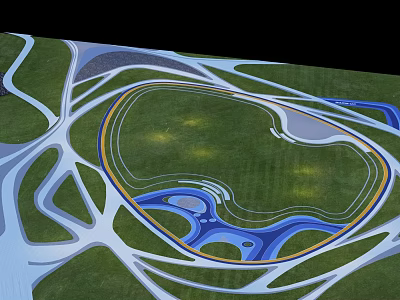 Scenic Park Landscape Featuring Large Green Lawn Curved Paths And Blue Water 3d model