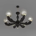 Chandelier with Black Wooden Frame and Six Patterned Glass Shades Hanging by Chain