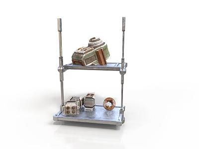Metal Shelf With Two Layers Holding Various Equipment And Parts 3d model