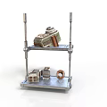 Metal Shelf With Two Layers Holding Various Equipment And Parts