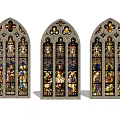 Three Gothic Stained Glass Windows Featuring Colorful Religious Figures And Ornate Patterns 3d model