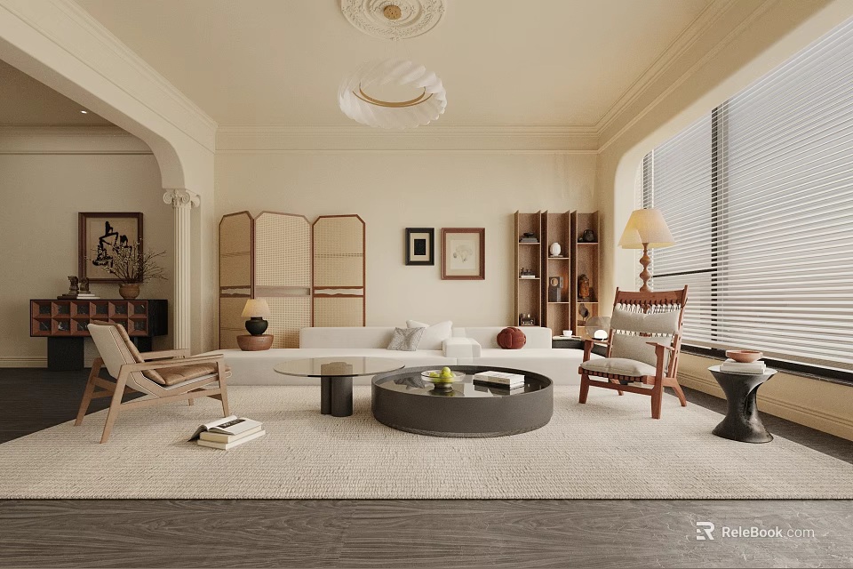 Modern Living Room Interior With Sofa Coffee Table Area Rug Armchair And Pendant Light 3d model 