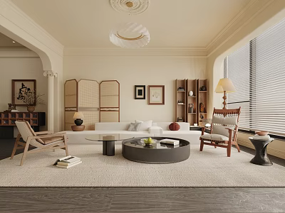 Modern Living Room Interior With Sofa Coffee Table Area Rug Armchair And Pendant Light 3d model