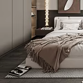 Modern Bedroom Interior With Large Window City View Artwork Nightstand Lamp Throw Blanket And Bookshelf