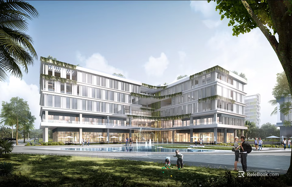 Modern Multi Storey Hotel Building With Glass Facade Greenery And Pool Area For Leisure 3d model 