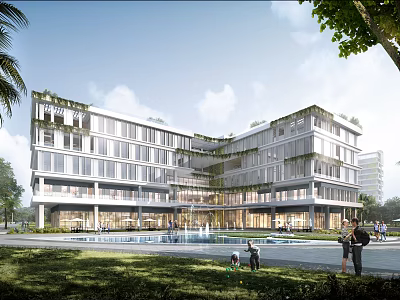 Modern Multi Storey Hotel Building With Glass Facade Greenery And Pool Area For Leisure 3d model