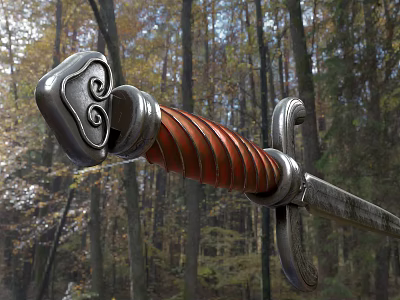 Medieval Sword Featuring Silver Hilt Scroll Design Red Wrapped Grip And Forest Background With Tall Trees 3d model
