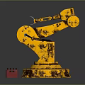 Vintage Yellow Worn Mechanical Arm With Red Plastic Crate And Small Tools