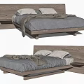Modern Wooden Double Bed with Gray Bedding Pillows Blanket and Integrated Side Shelves
