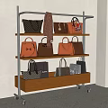 Modern Rolling Shelving Unit with Wooden Metal Frame and Organized Various Style Leather Bags